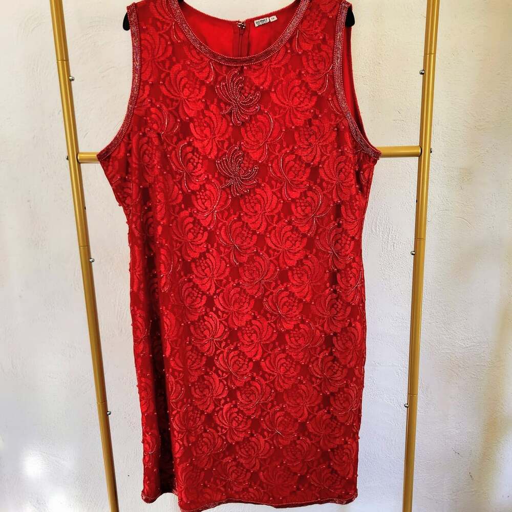 Gunit Vintage Red Beaded Floral Lace Sleeveless Cocktail Dress Size 1X
